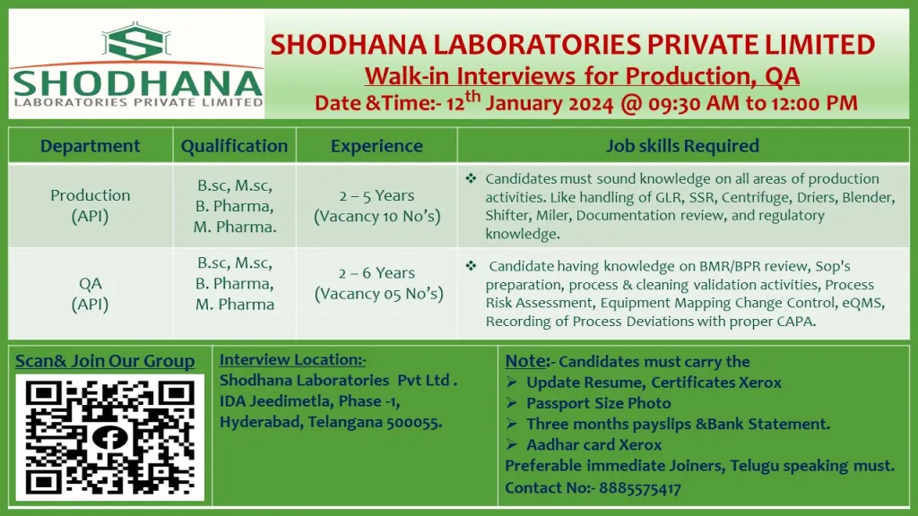 Shodhana Laboratories Walk-In B.Pharm, M.Pharm, B.Sc, M.Sc for QA, Production on 12th Jan 2024